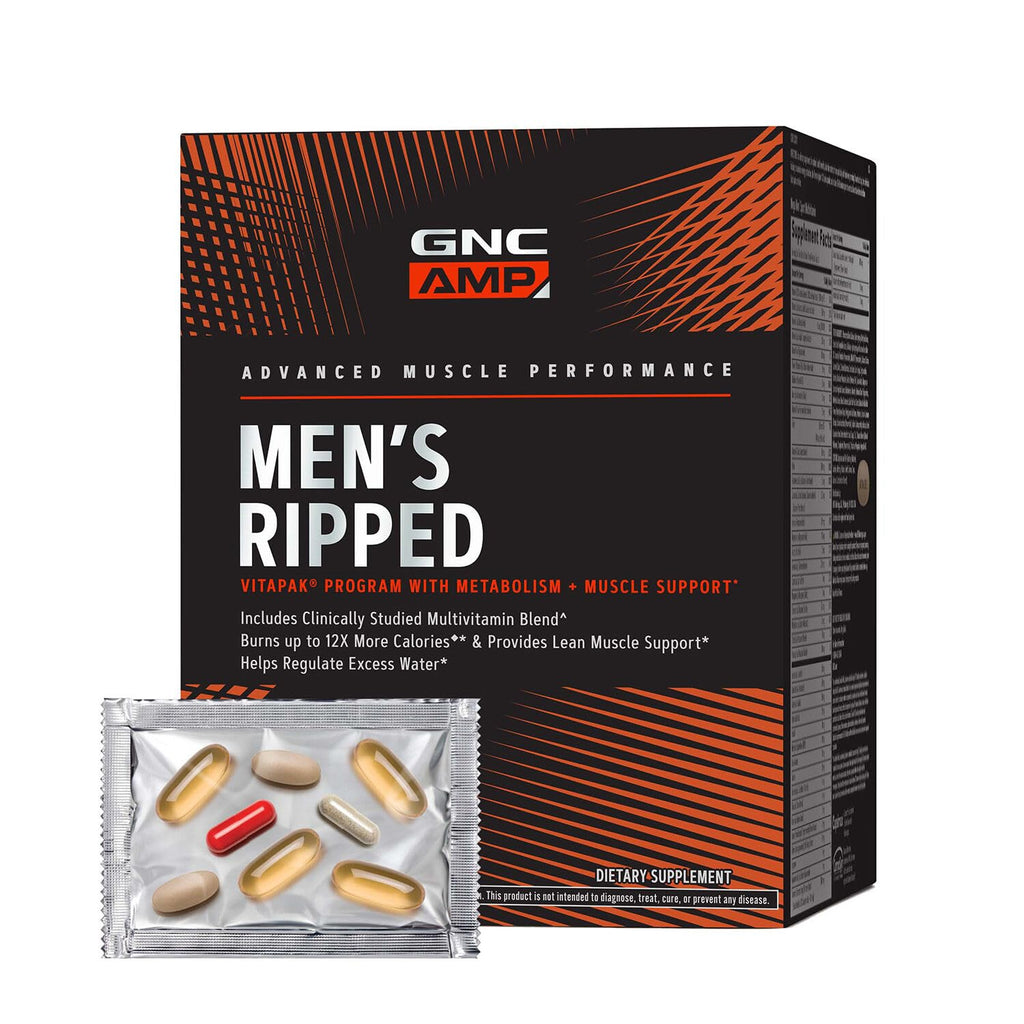 Buy now GNC AMP MenÆ’??s Ripped Vitapak Program, 4 in 1 Product Vitamin Pack, Metabolism & Lean Muscle Tone, Burn Calories, Water Shedding, Adult Multivitamin, Caffeine, CLA, Proven Ingredients, 30-Day Supply at indiglob india