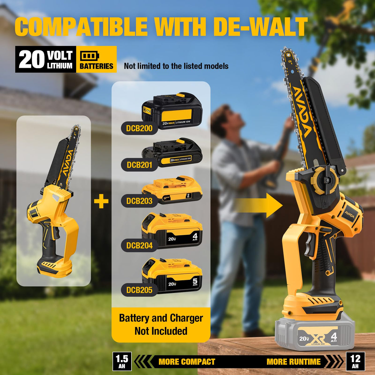 2-IN-1 Cordless 8-Inch Pole Saw & Chainsaw for DeWALT 20V MAX Battery - 1200W Brushless Motor, Total Reach of Max 15.9 FT, Lightweight, 8"&6"Electric Pole Saws for Tree Trimming Pruning (Tool Only)