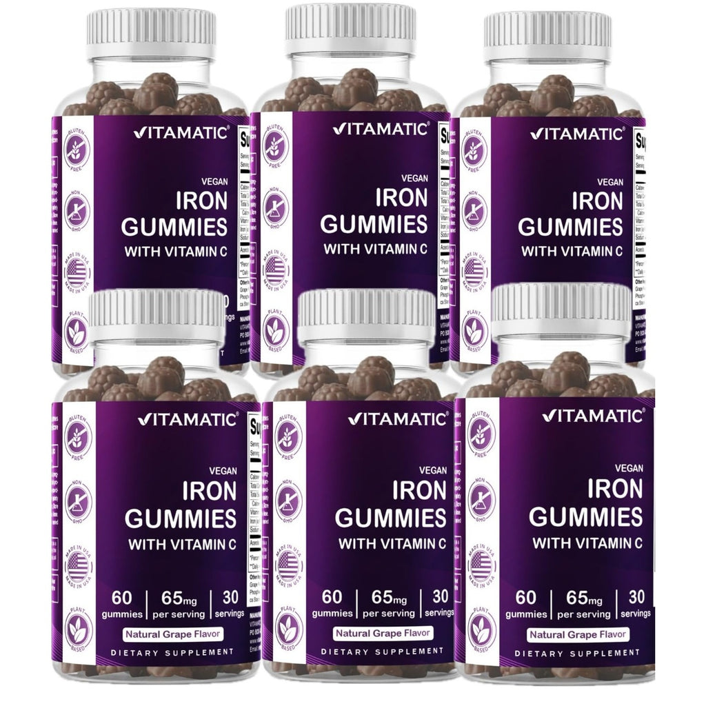 Vitamatic Iron 65 mg with Vitamin C - 60 Vegan Gummies - 3 Pack | 65 mg Iron Per Serving, Natural Grape Flavor, Plant Based, Gluten Free, Non-GMO, Made in USA