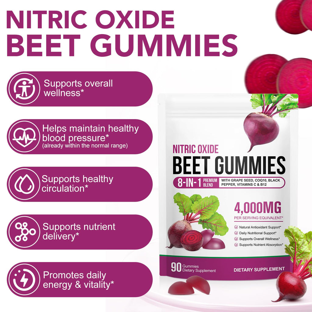 90 Chews Beet Root Gummies, Sugar Free | 8 in 1 Beet Root Extract with CoQ10, Grapeseed Extract 90 Chews for Antioxidant, Promoting Nitric Oxide, Energy Level Suport, with Vitamin B12, C