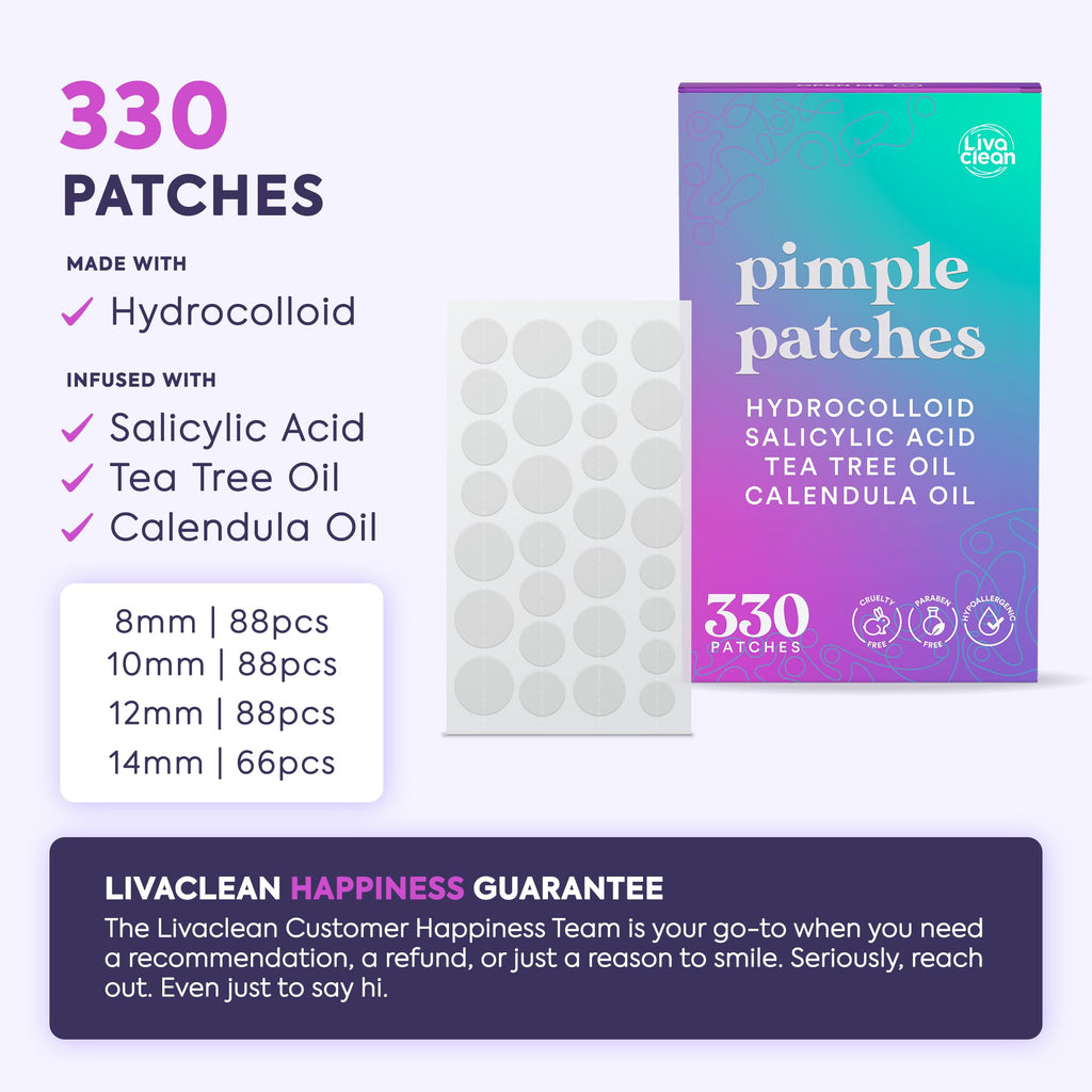 LivaClean 330 CT Pimple Patches for Face w/Salicylic Acid, Tea Tree Oil & Calendula Oil - Four Sizes - Pimple Patch, Hydrocolloid Patch, Acne Patches for Face