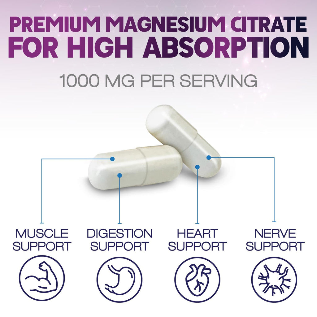 Magnesium Citrate 1000mg Per Serving - Max Absorption Magnesium Powder Capsules for Muscle, Nerve and Heart Health Support, High Absorption Citrate Complex, Gluten Free, Non-GMO - 120 Capsules
