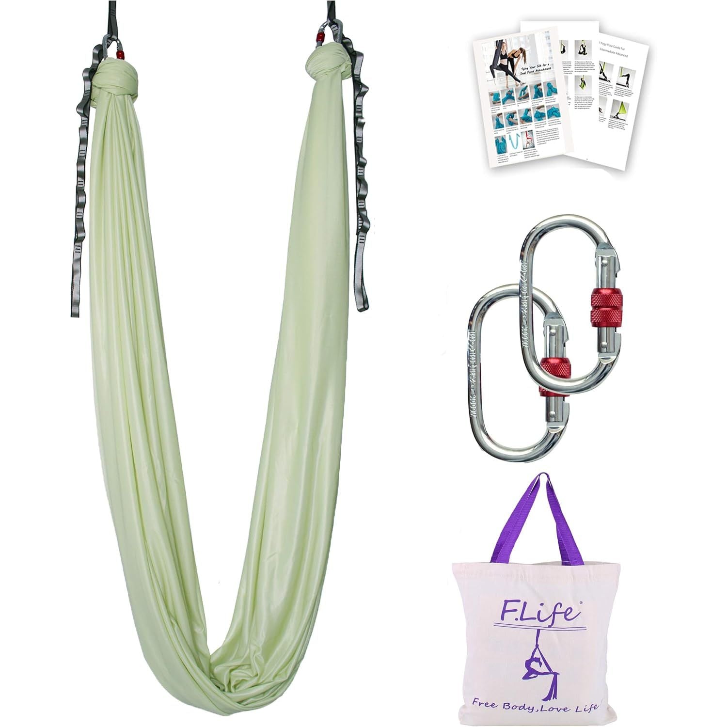 Buy now F.Life Aerial Silk Yoga Hammock & Swing for yoga Inversion,Strength training,starter hardware kit Sage Green at indiglob india
