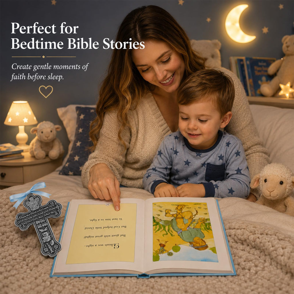 Baby Boy First Bible and 4" Pewter Baptism Guardian Angel Crib Cross (Original Version)-L8