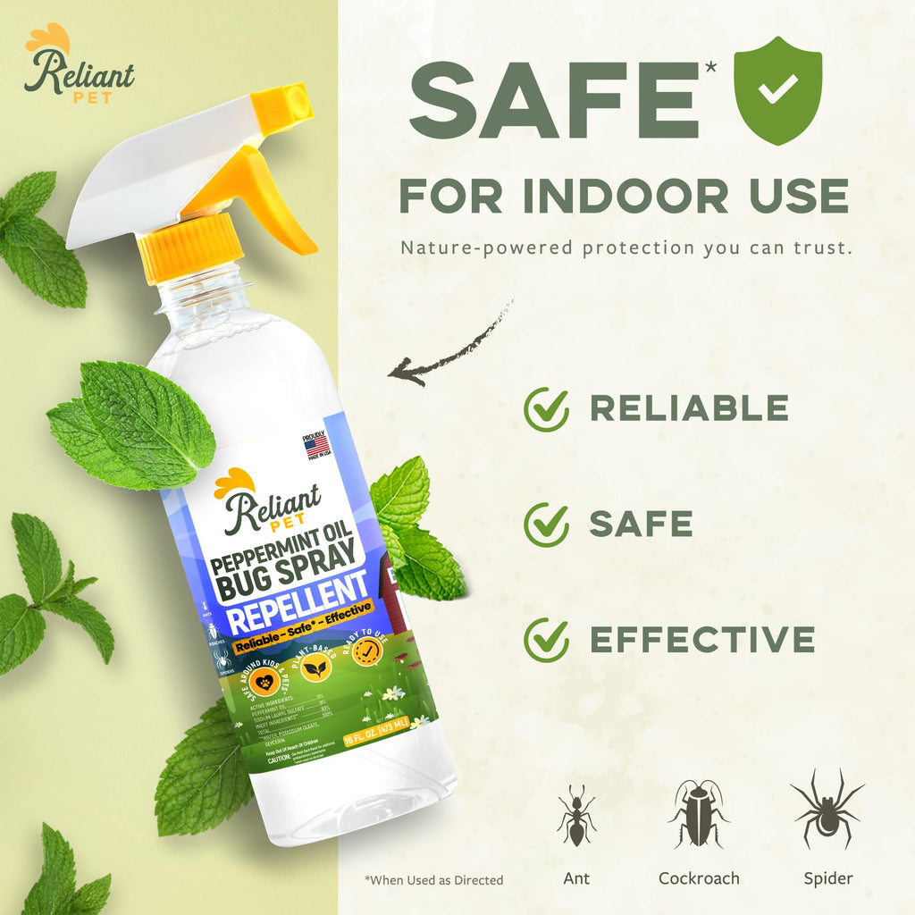 Reliant Pet - Peppermint Oil Spray for Bugs - 16oz - Insect and Pest Control Spray - Bug Spray That's Safe, Reliable, Effective - Made in USA - Ant, Spider, and Roach Spray Indoor