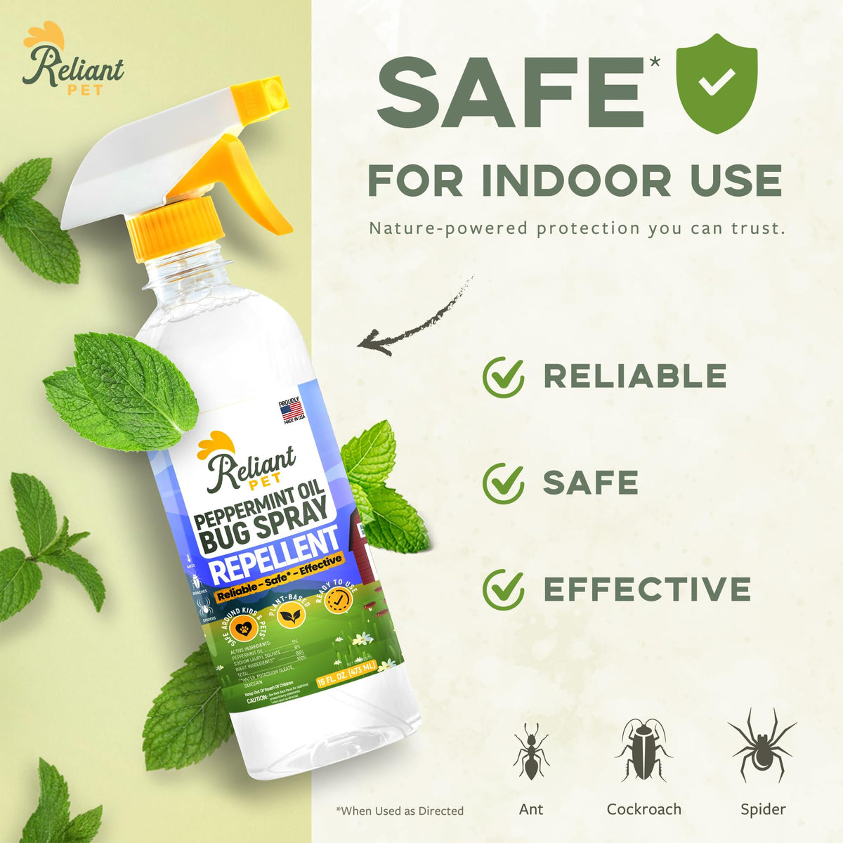 Reliant Pet - Peppermint Oil Spray for Bugs - 16oz - Insect and Pest Control Spray - Bug Spray That's Safe, Reliable, Effective - Made in USA - Ant, Spider, and Roach Spray Indoor