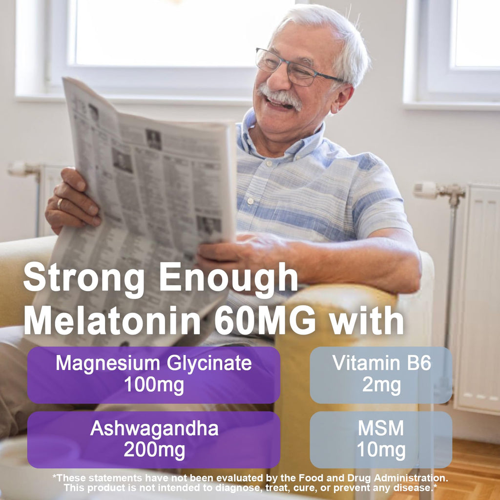 Melatonin Gummies 60mg 30mg for 50+Adults, High Dose, Extra Strength, 120Ct | With Magnesium Glycinate, Vitamin B6, Ashwagandha & MSM, Non-Habit Forming, Sugar Free, Vegan, Blueberry Flavor