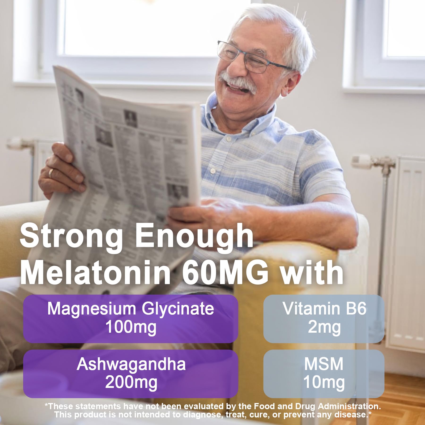 Melatonin Gummies 60mg 30mg for 50+Adults, High Dose, Extra Strength, 120Ct | With Magnesium Glycinate, Vitamin B6, Ashwagandha & MSM, Non-Habit Forming, Sugar Free, Vegan, Blueberry Flavor