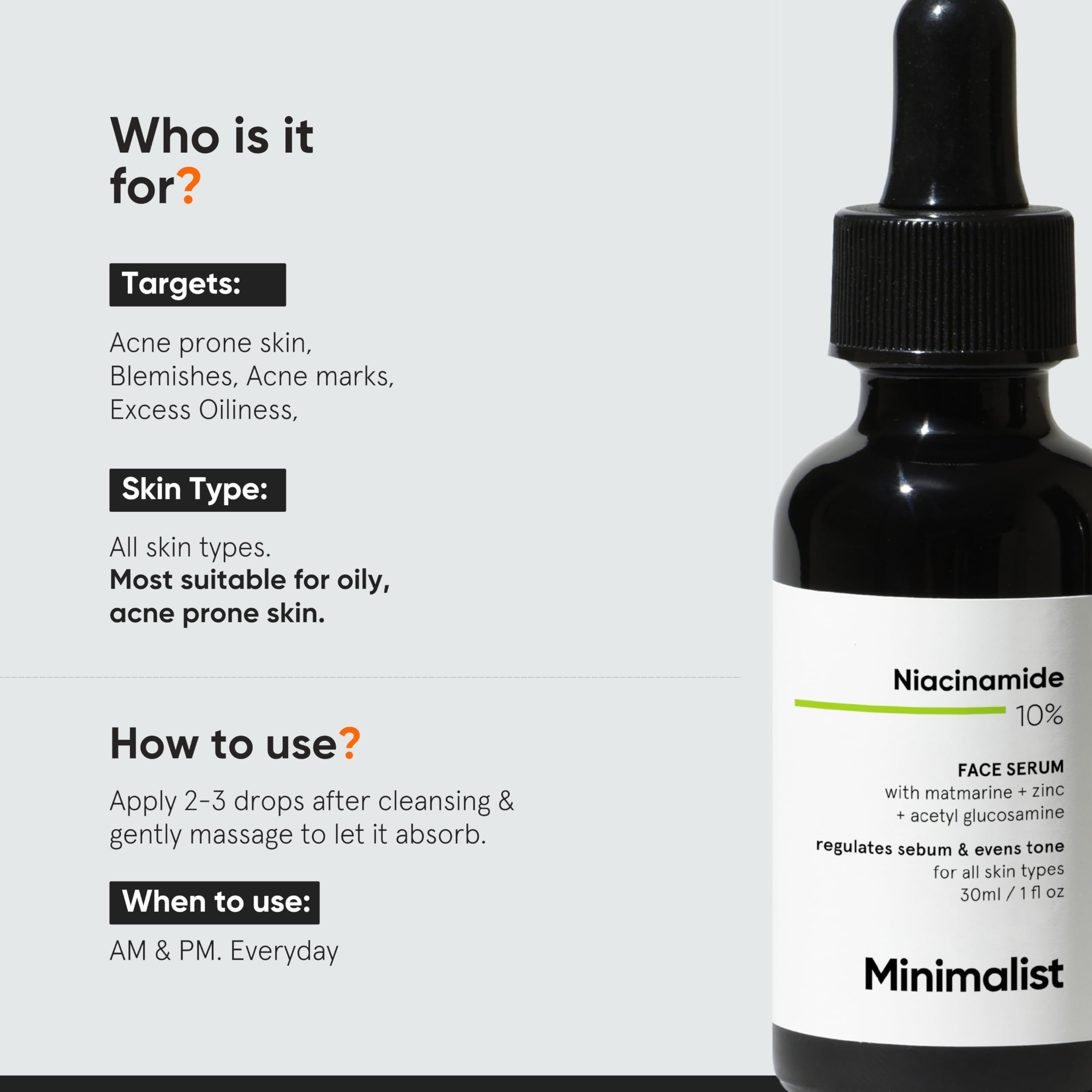 Buy now Minimalist Niacinamide 10% Face Serum for Acne Control & Oil Balancing with Zinc | Pore Minimizer for Face | Clears Acne Marks & Blemishes for Even Skin Tone | For Women & Men | 1 Fl Oz / 30 ml at indiglob india