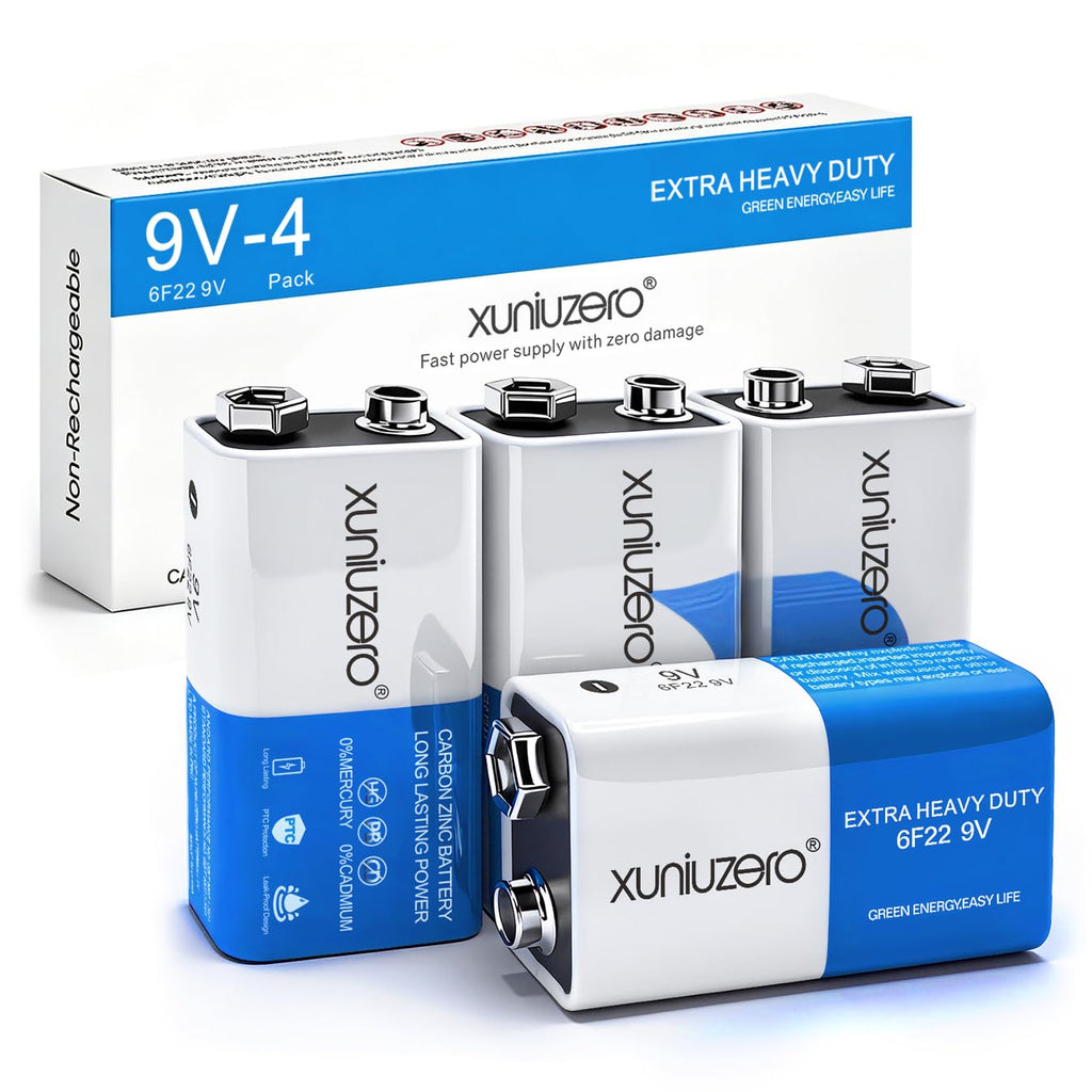 9V Batteries 6F22 Square Battery (4 Pack) for Smoke Detector Alarm System, Wireless doorbell, Electronics Long-Lasting
