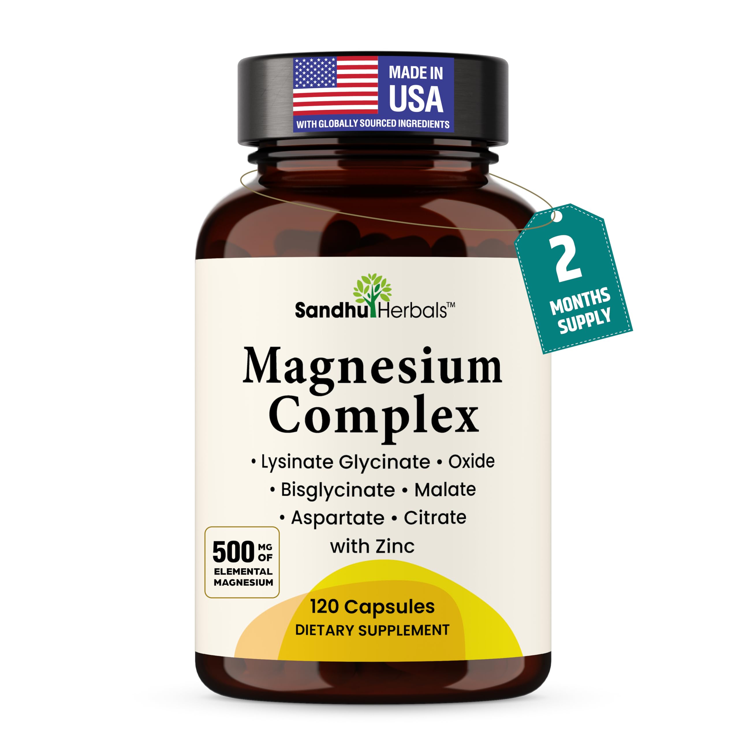 Complete Magnesium Complex 500mg for Women & Men 6-in-1 with Zinc 120 Ct | 3rd Party Tested Active Supplement with Mag Glycinate For Good Sleep, Relaxation & Energy, Made in USA By Sandhu Herbals