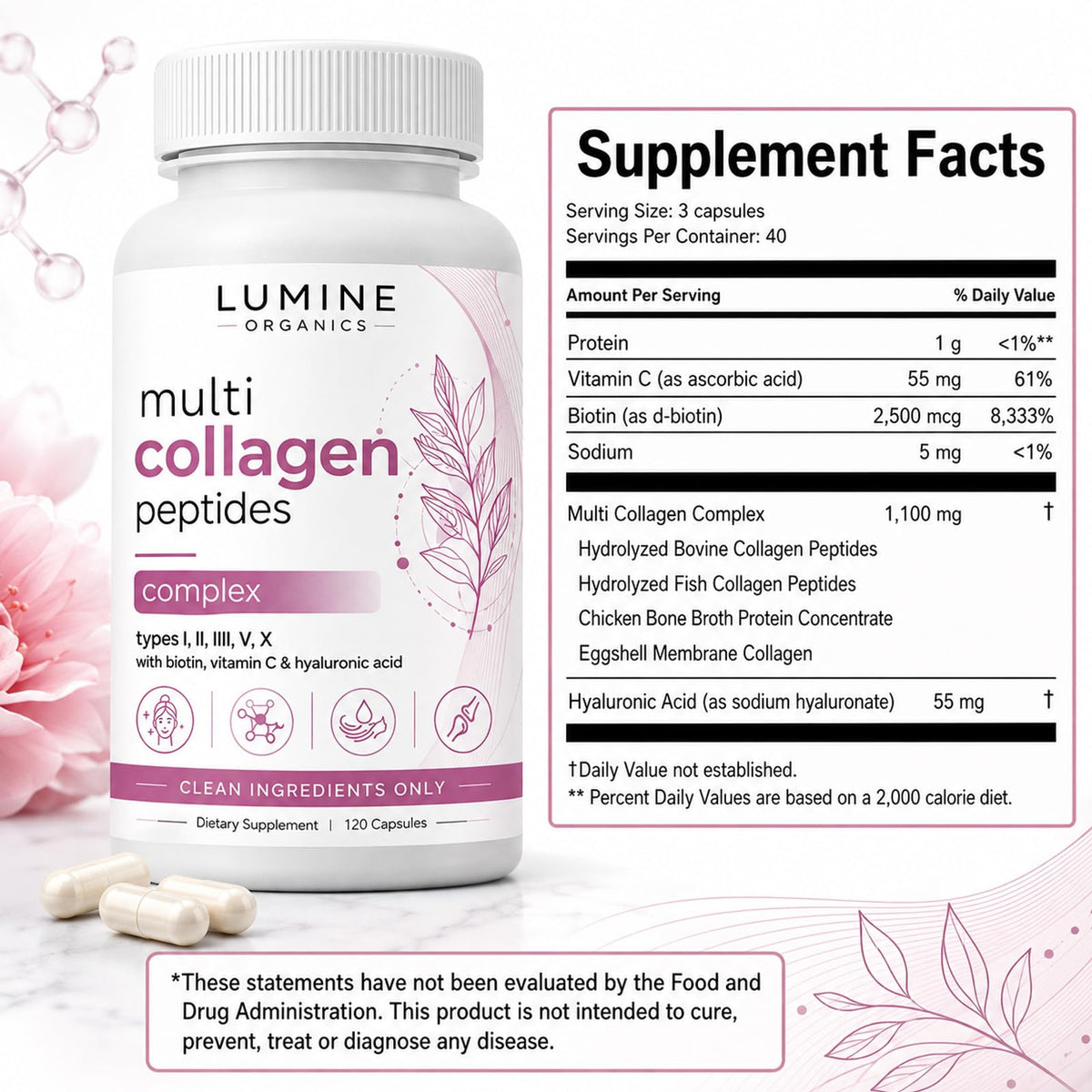 LUMINE Multi Collagen Peptides Capsules, 120 Capsules