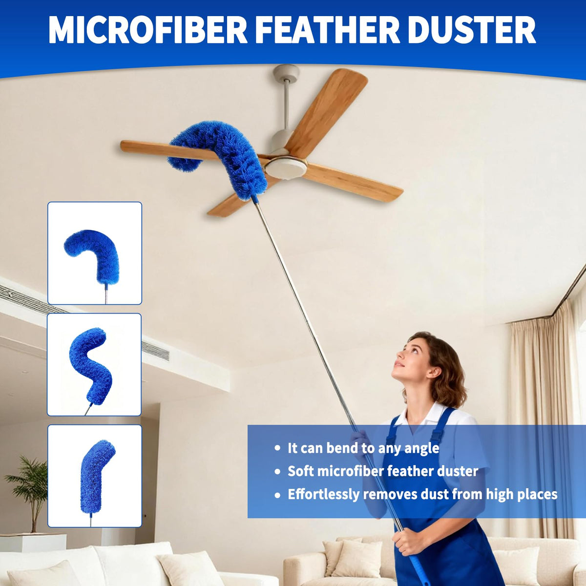 Cobweb Duster with Extension Pole, Washable Cleaning Duster Kit with 3 Duster Heads, Cobweb Duster, Corner Brush, Gap Dust Cleaner, Telescoping Pole for Ceiling Fan, Long Duster for high Ceilings