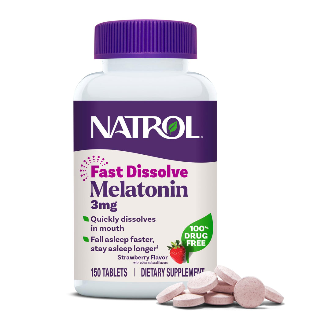 Natrol Melatonin 3 mg Fast Dissolve Tablets, Strawberry, 150 Count | Sleep Support for Adults, for Occasional Sleeplessness, No Water Needed, 100% Drug-Free, Non-Habit Forming