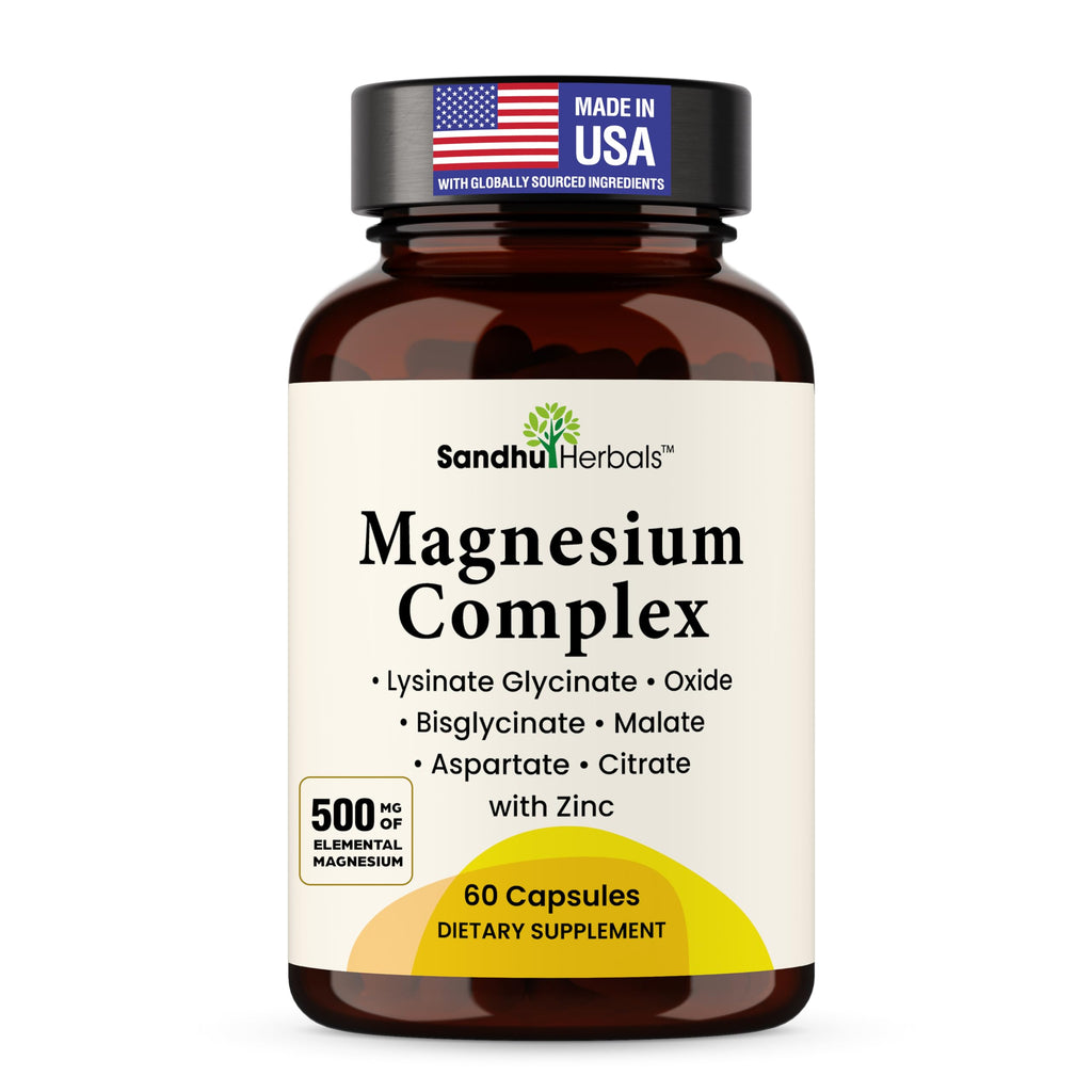 Complete Magnesium Complex 500mg for Women & Men 6-in-1 with Zinc 120 Ct | 3rd Party Tested Active Supplement with Mag Glycinate For Good Sleep, Relaxation & Energy, Made in USA By Sandhu Herbals