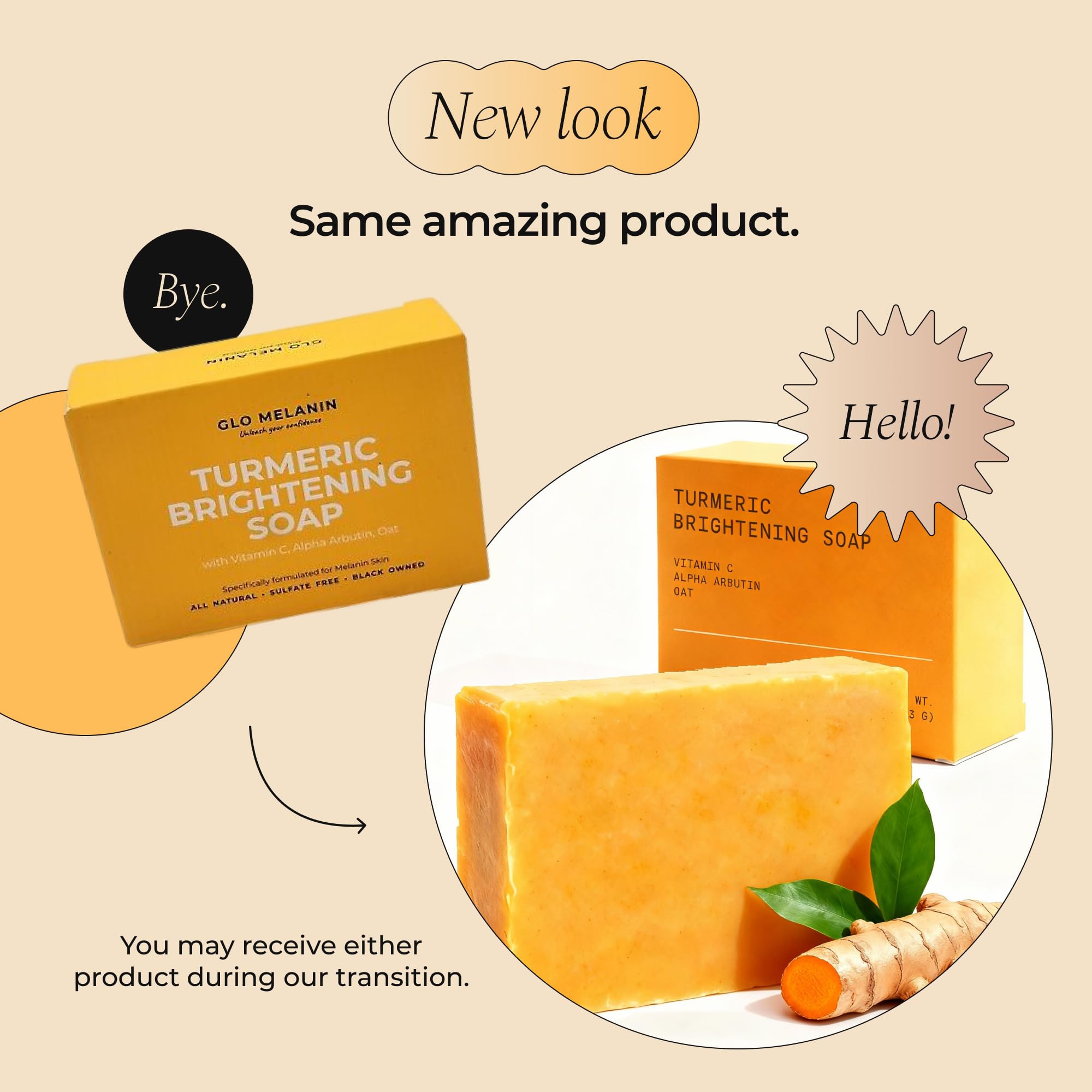 Glo Melanin Turmeric Brightening Soap with Vitamin C, Alpha Arbutin & Oats | 113g, For Face - Body - Dark Spots, All Natural, Vegan, Paraben-Free, Sulfate-free, For Melanin-Rich Skin, Made in USA