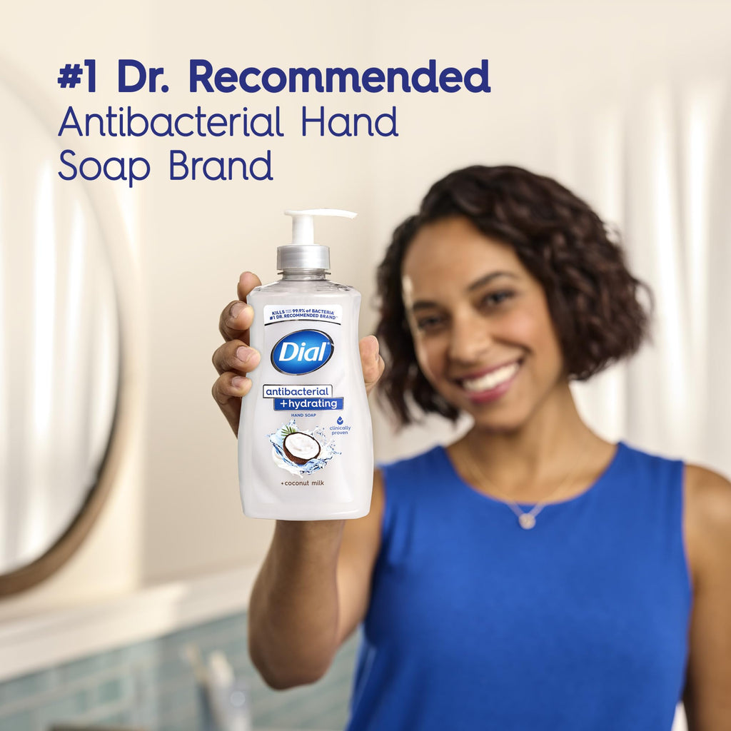 Dial Antibacterial Hydrating Liquid Hand Soap, Coconut Milk, 11oz, 4-Pack | Clinically Proven Moisturizing, Gentle for Frequent Use, No Sulfates, Parabens, Phthalates, #1 Doctor Recommended