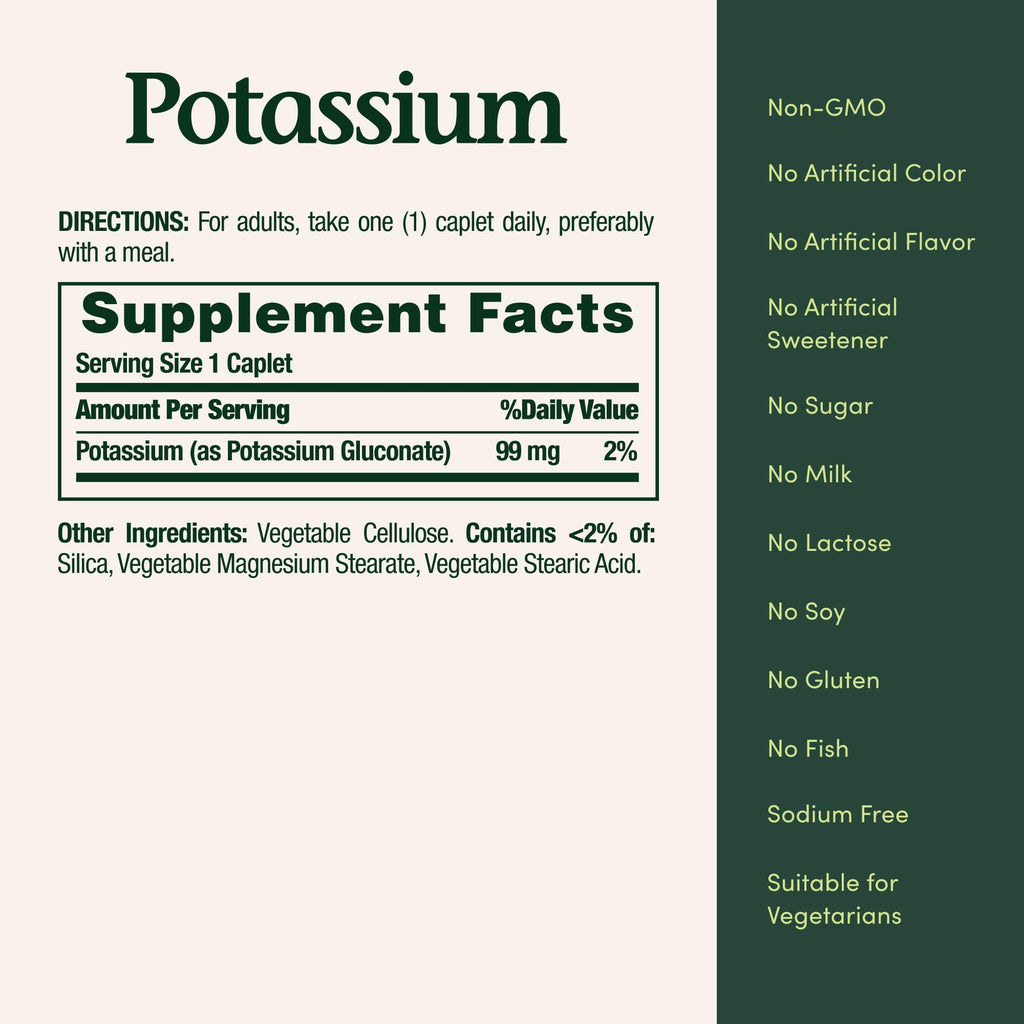 Nature's Bounty Potassium 99mg, 1 Per Day, 100 Vegetarian Caplets | Supports Fluid Balance and Muscle Activity, Normal Heart Function, Potassium Gluconate Dietary Supplement, Gluten Free