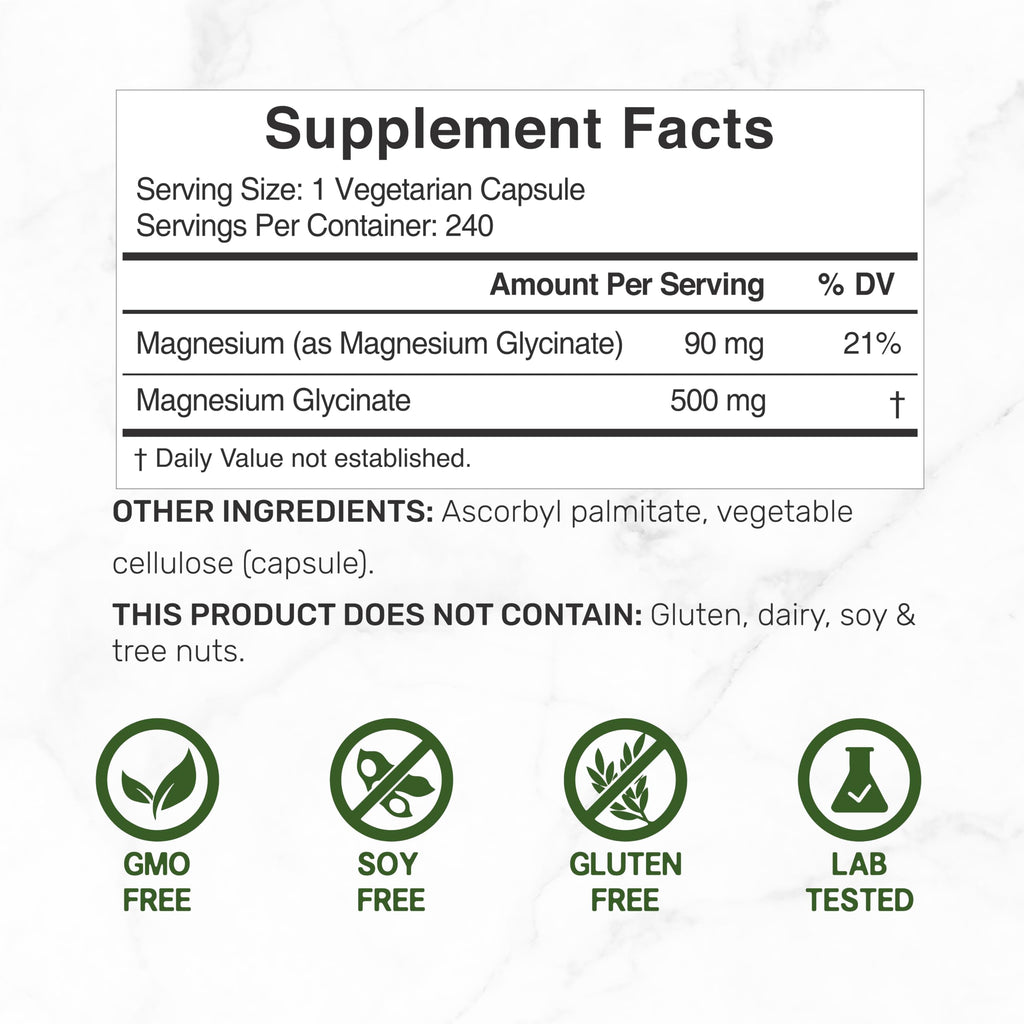 Deal Supplement Magnesium Glycinate 500mg Per Serving, 240 Veggie Capsules | 100% Chelated Magnesium Glycinate, Essential Mineral Supplement for Women & Men. Non-GMO, Gluten Free.