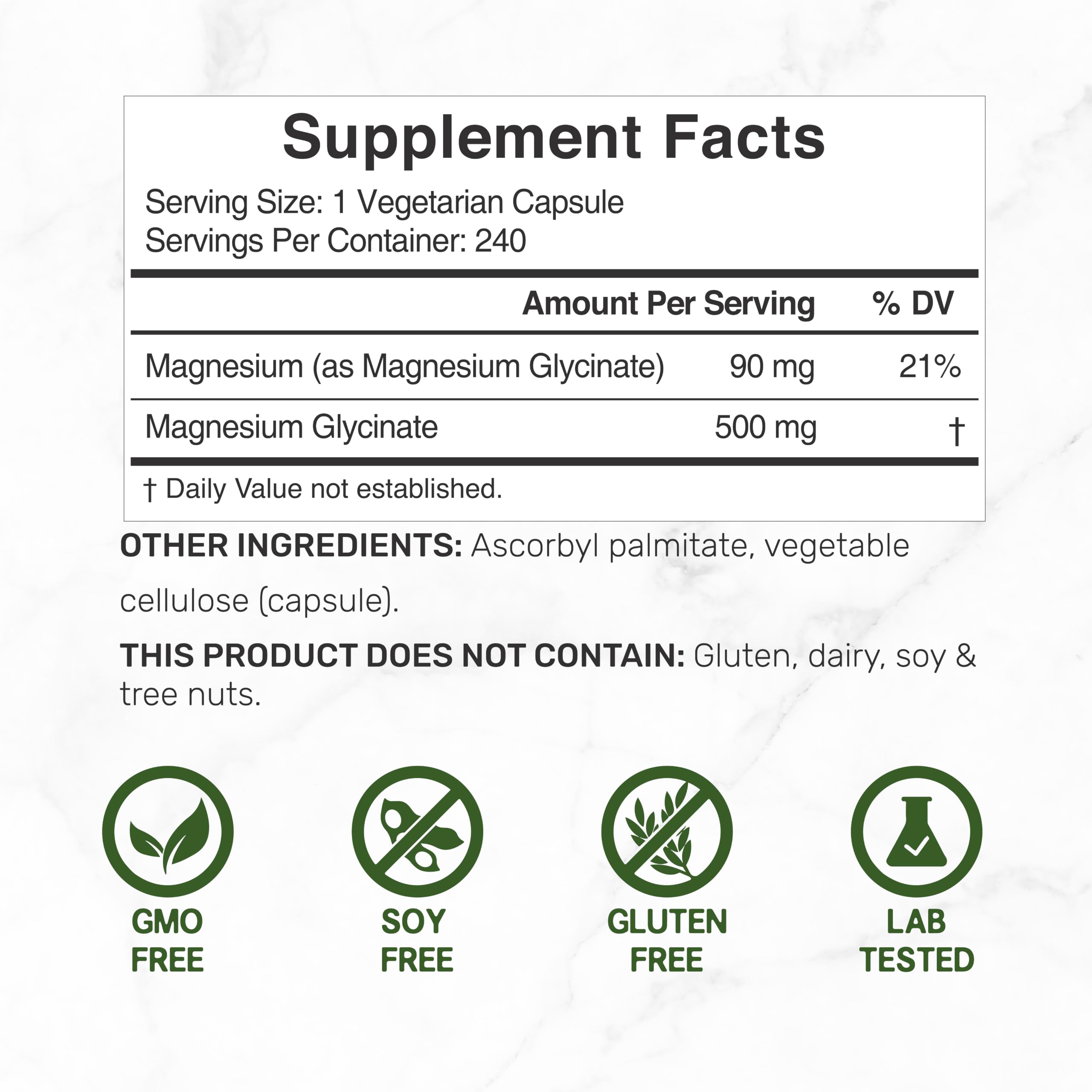 Deal Supplement Magnesium Glycinate 500mg Per Serving, 240 Veggie Capsules | 100% Chelated Magnesium Glycinate, Essential Mineral Supplement for Women & Men. Non-GMO, Gluten Free.