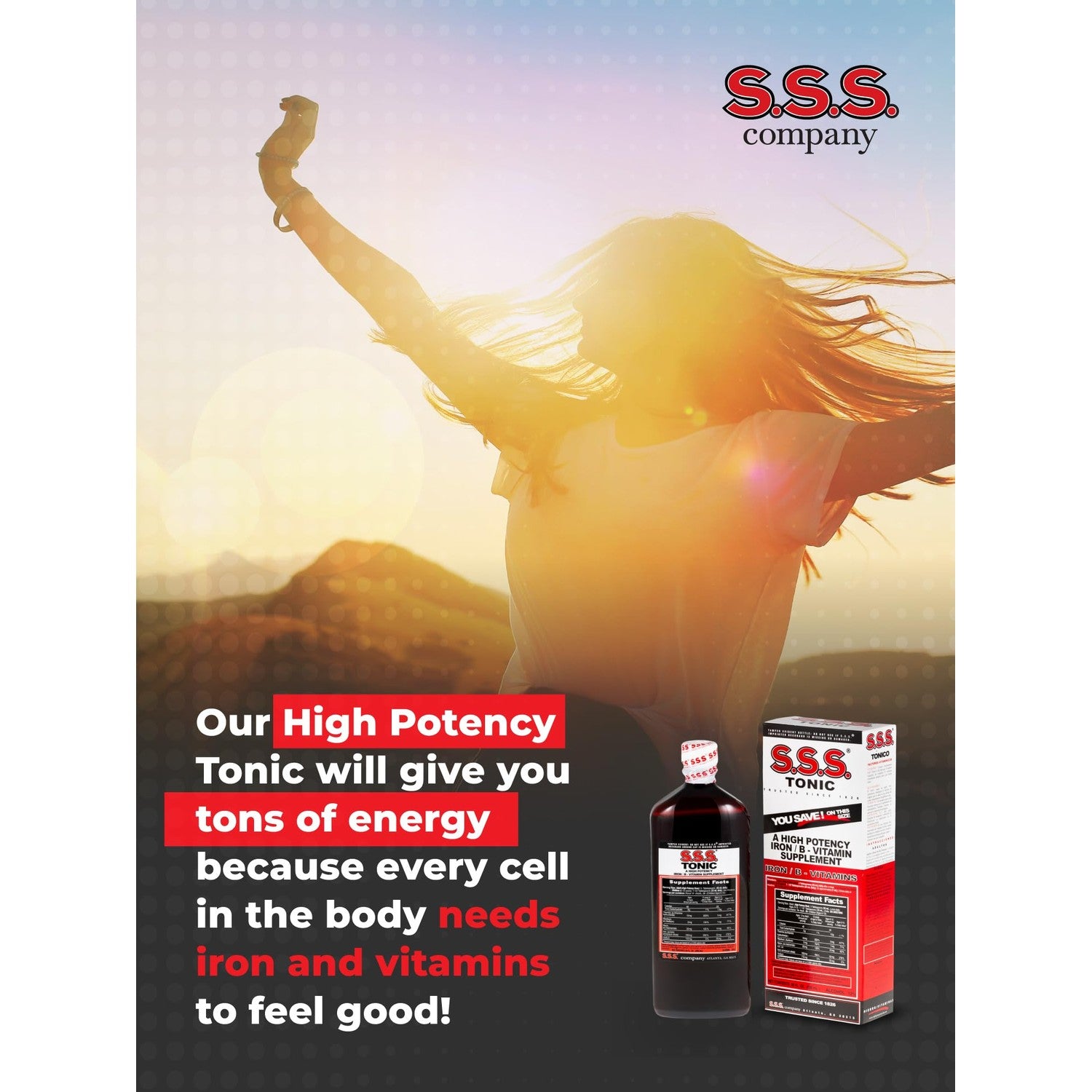 S.S.S. Tonic Liquid Iron & Vitamin B Supplement with B1, B2 & B3, 20 Fl Oz | High-potency, easy-to-take formula for daily energy support; made in USA