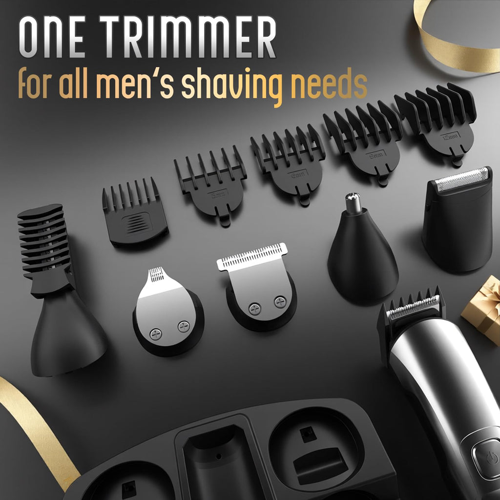 Ufree Beard Trimmer for Men, Waterproof Electric Razor, Grooming Kit | Stainless steel blades, six interchangeable heads, wet and dry use, USB rechargeable, for face body nose ear trimming, silver