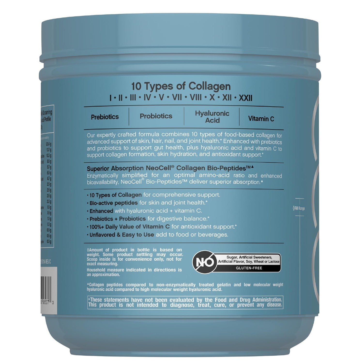 NeoCell Multi Collagen Bio-Peptides Powder | 22oz | Advanced with Hyaluronic Acid and Vitamin C | 10 Super Types of Collagen | Superior Absorption | Grassfed Protein Supplement