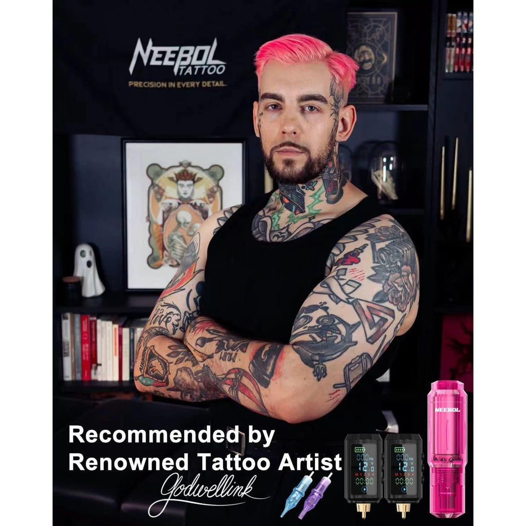 Neebol Wirless Tattoo Gun Kit, 2PCS Batteries Set for Beginners & Artists | Pink dual 1600mAh Tattoo Machine kit 20 Cartridge Needles & 8 Color Inks, Full Tattoo Supplies for Home & Studio practice