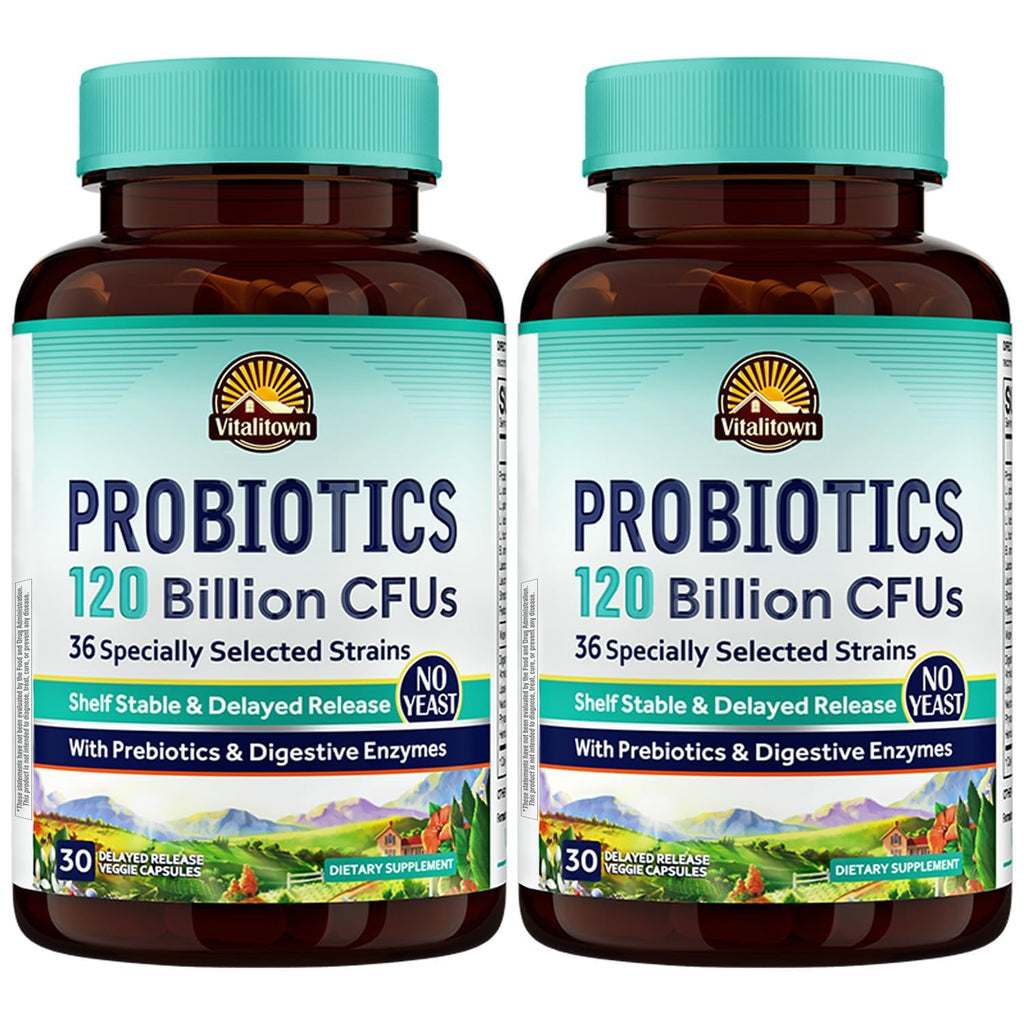 VITALITOWN Probiotics 120 Billion CFUs | 36 Strains, with Prebiotics & Digestive Enzymes for Men Women | Shelf Stable | Digestive Health & Immune Support | Vegan, Non-GMO | 30 Delayed Release Veg Caps