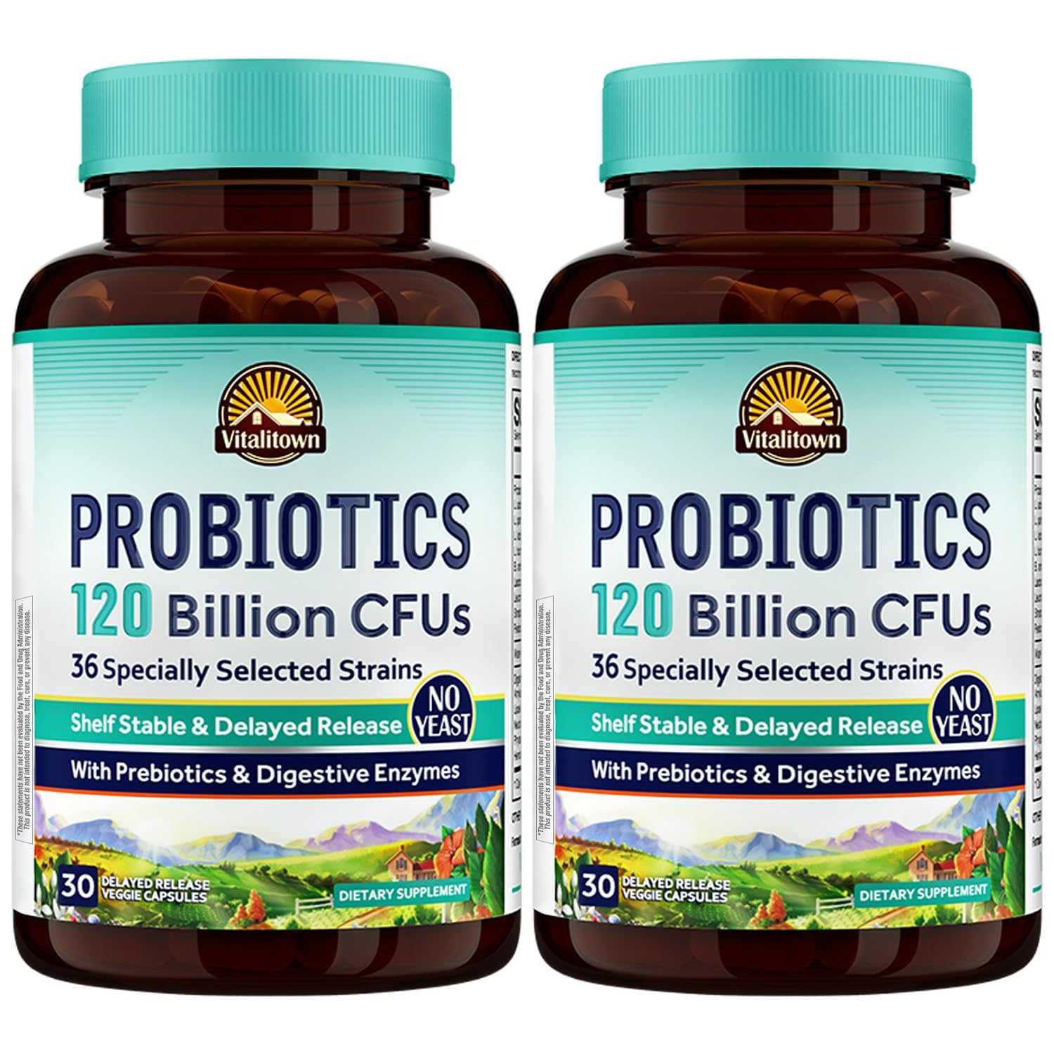 VITALITOWN Probiotics 120 Billion CFUs | 36 Strains, with Prebiotics & Digestive Enzymes for Men Women | Shelf Stable | Digestive Health & Immune Support | Vegan, Non-GMO | 30 Delayed Release Veg Caps