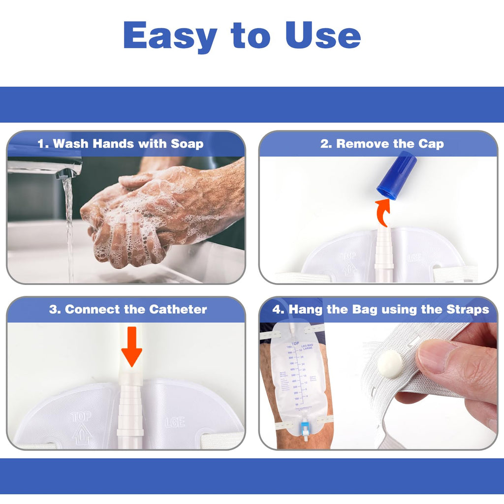 3 Pack Catheter Bags, Premium Easy-Tap Leg Bag Urinary Drainage Bag, 32 Oz with 3 18” Tubing, Anti-Reflux Valve, with Cloth Straps to Attach to Your Foot, Advanced Flip Drain for EZ Disposal