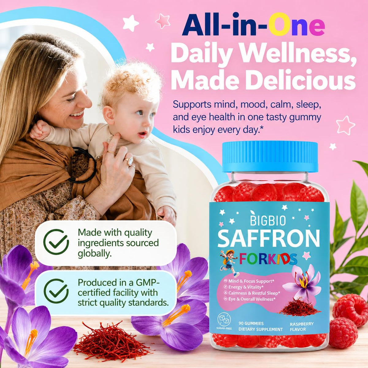Saffron for Kids, Happy Mood Gummies, Magnesium Glycinate, Omega-3, Holy Basil, L-Theanine, Rosemary, B6, D3 for Calm, Focus, Cognition, Sleep, Sugar Free Saffron Extract Supplement, 90 Gummies