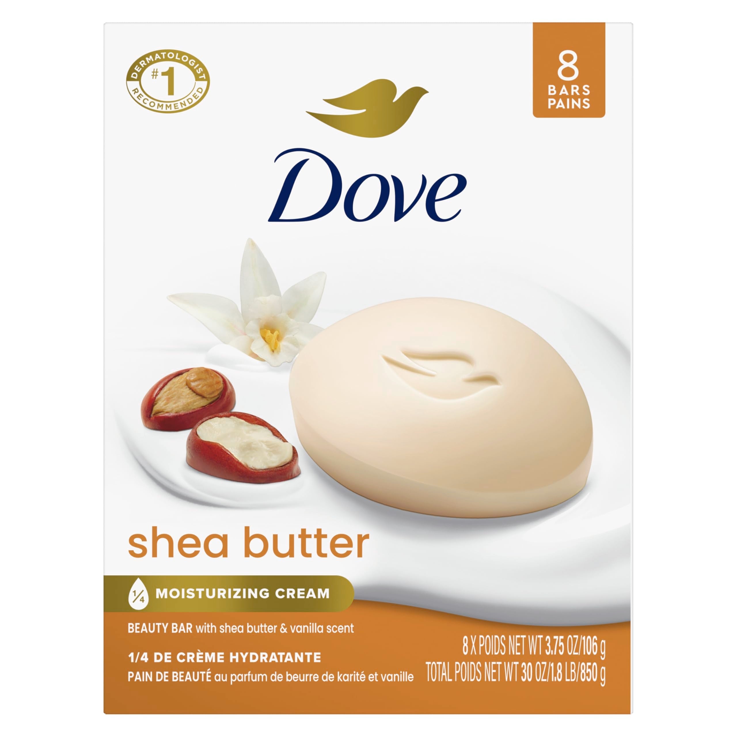 Buy now Dove Beauty Bar Soap Shea Butter, 8 Bars for Nourished, Radiant Skin, Enriches Skin 3.75 oz at indiglob india