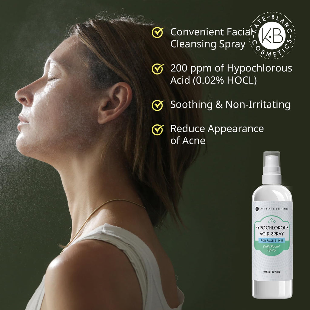Kate Blanc Cosmetics Hypochlorous Acid Spray for Face and Skin (8oz) | Gentle Facial Cleanser for Acne-Prone & Sensitive Skin with .02% HOCl