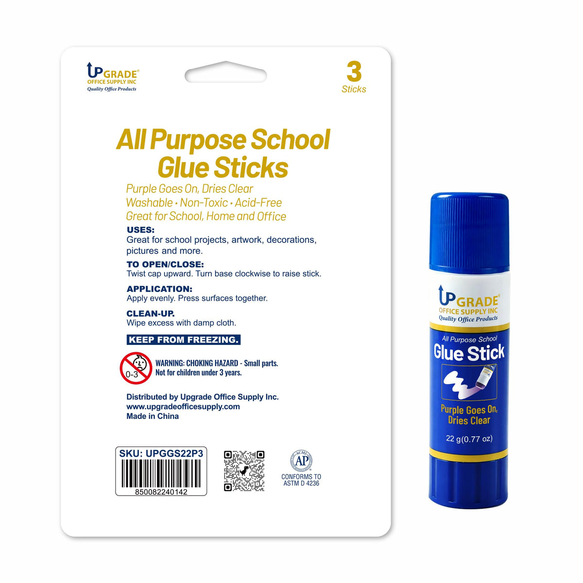 Upgrade Office Supply Glue Sticks, 22g, 3 Count, Purple Goes On Dries Clear