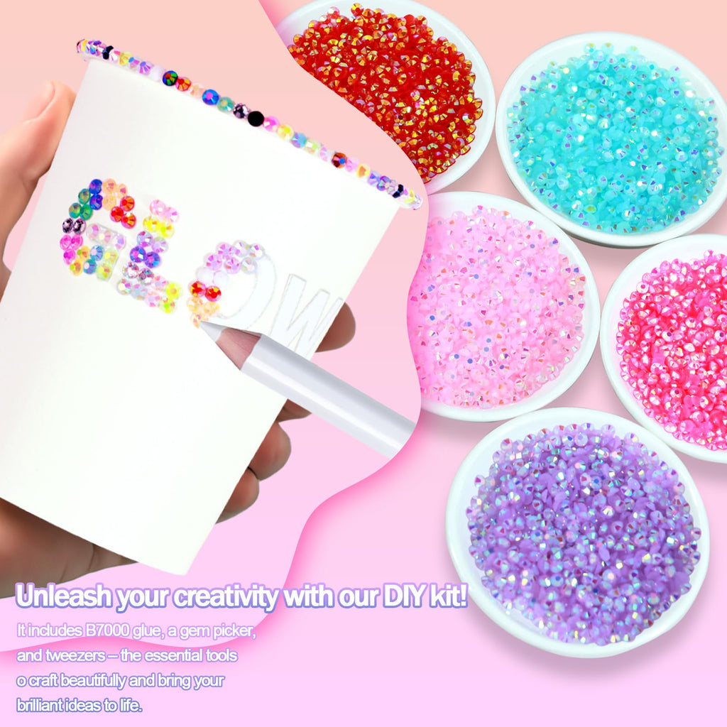50000+Pcs Rhinestones for Bedazzling Kit 3mm Gems Bedazzler Set | 40 Colors Flat Back Resin Jelly Bedazzled Kits with 3Pcs 10ml B7000 Jewelry Glue for Book Diamond Nail Art, Multicolor