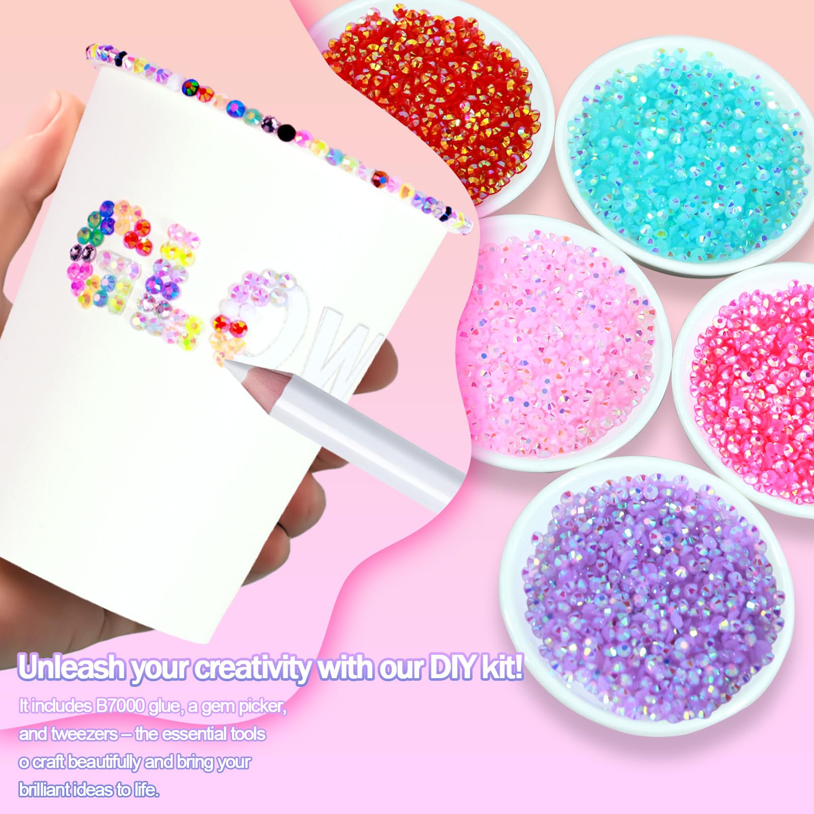 50000+Pcs Rhinestones for Bedazzling Kit 3mm Gems Bedazzler Set | 40 Colors Flat Back Resin Jelly Bedazzled Kits with 3Pcs 10ml B7000 Jewelry Glue for Book Diamond Nail Art, Multicolor