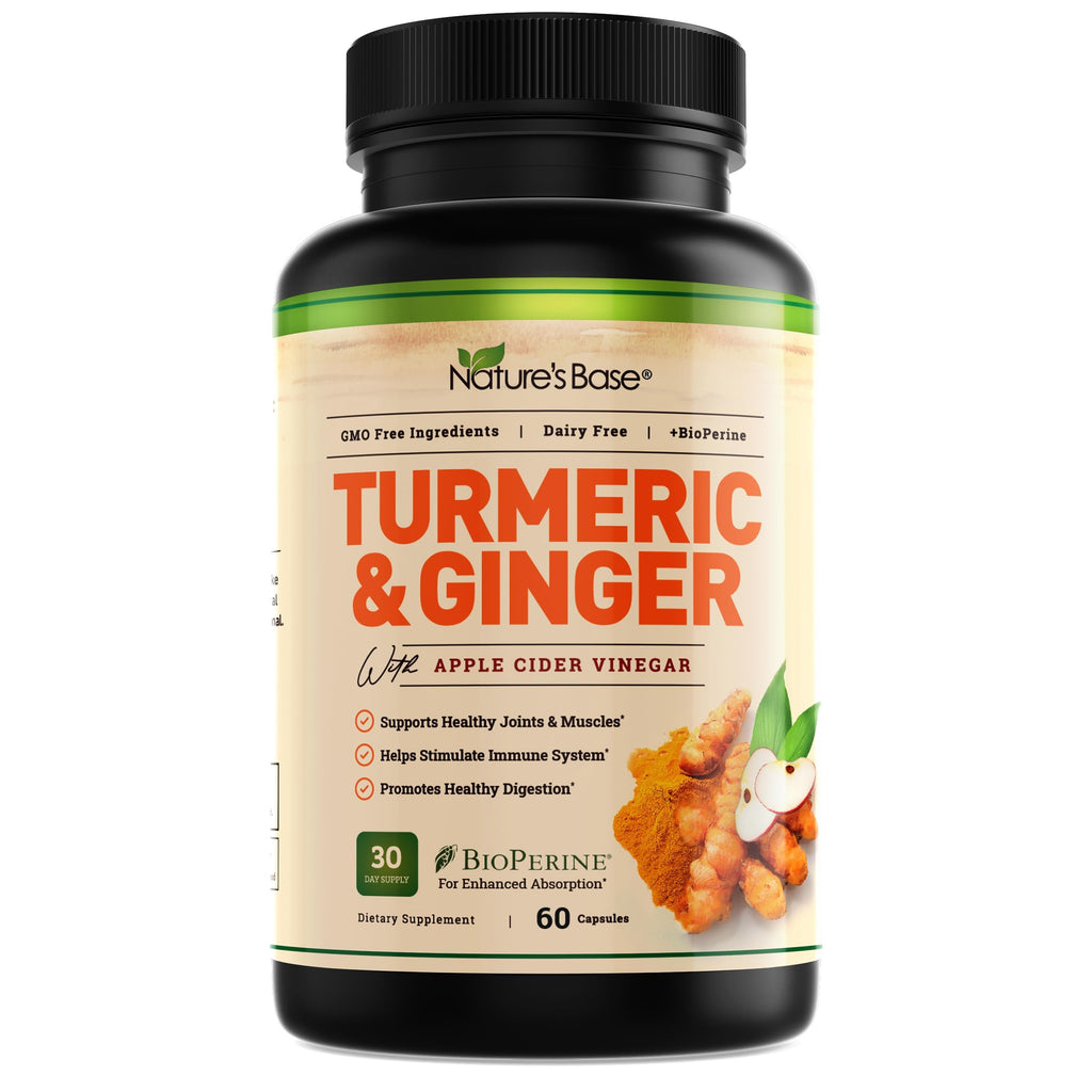 Nature's Base Turmeric and Ginger Supplement with Curcumin, ACV & BioPerine | Joint & Digestive Support, 95% Curcuminoids, Apple Cider Vinegar, Black Pepper Extract for Enhanced Absorption, 240 Capsules