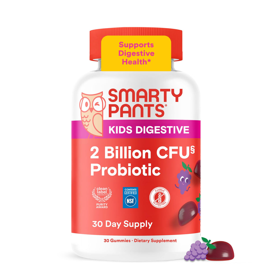 SmartyPants Kids Probiotic Gummies for Digestive Health: 2 Billion CFU Gut Health and Immune Support Supplement, Clinically Studied Probiotic, Gluten Free, Grape, 30 Count (30 Day Supply)
