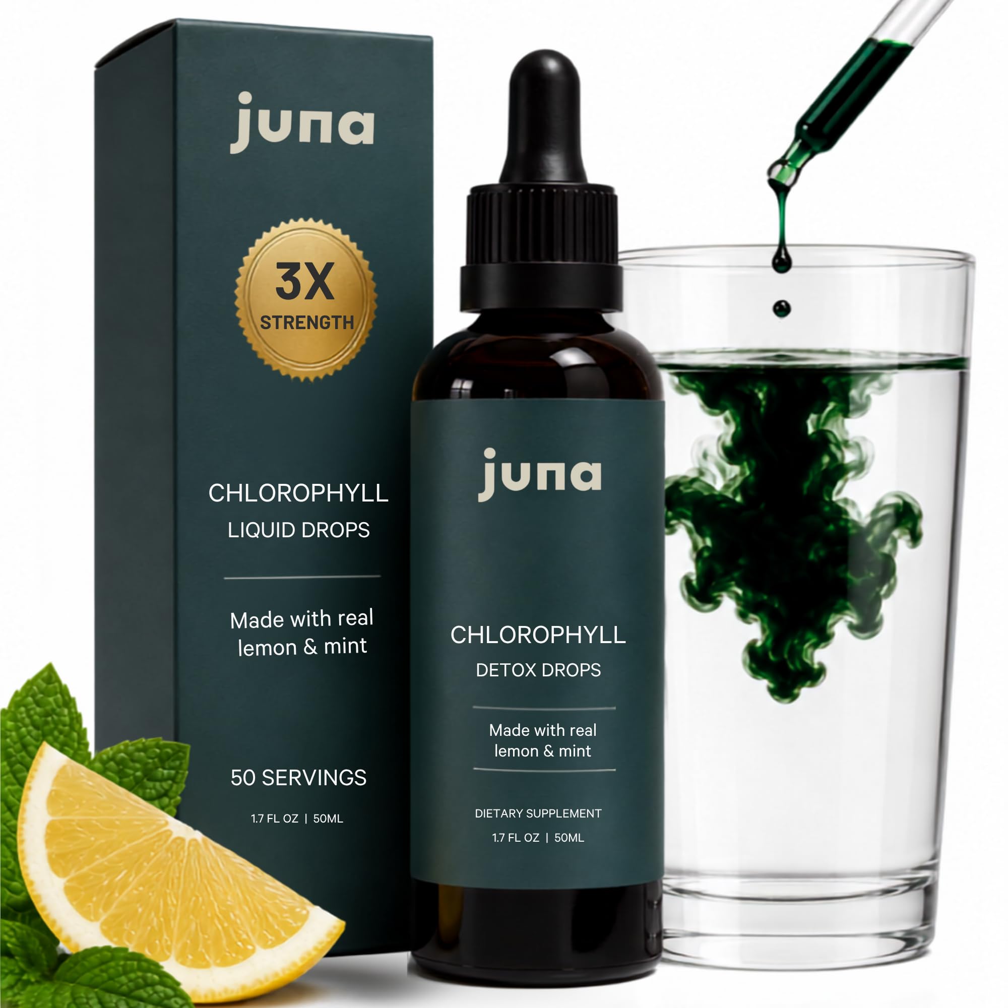 Juna 2-Pack Liquid Chlorophyll Detox Drops, Lemon Mint Flavor, 3X Strength | 2-Bottle Value Pack, Mulberry Leaf Derived, Non-GMO, 3rd Party Tested, Made in USA, Sugar-Free, Alcohol-Free, 60mg