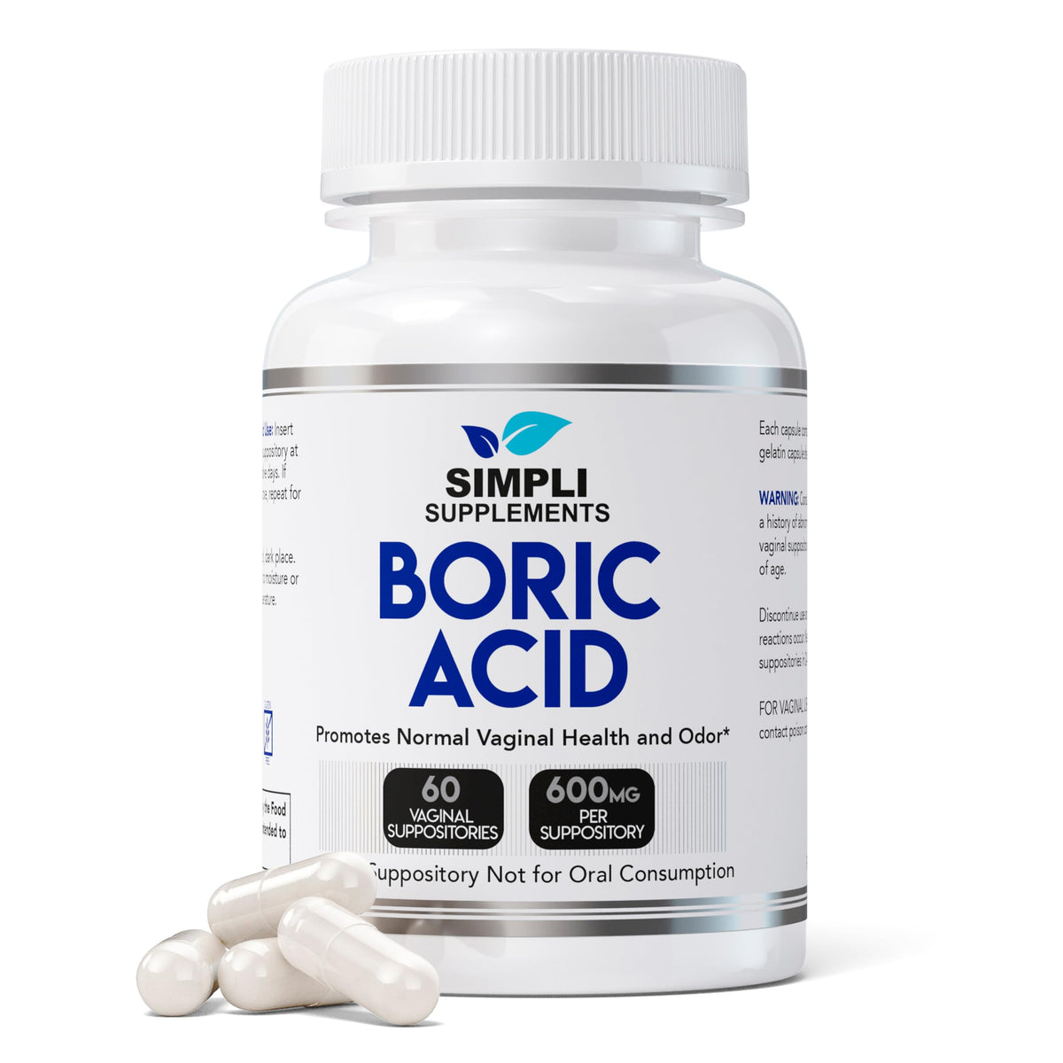 Simpli Supplements Boric Acid Suppositories for Women 600mg | 60 Count | Feminine Hygiene Support | Vaginal pH Balance & Freshness