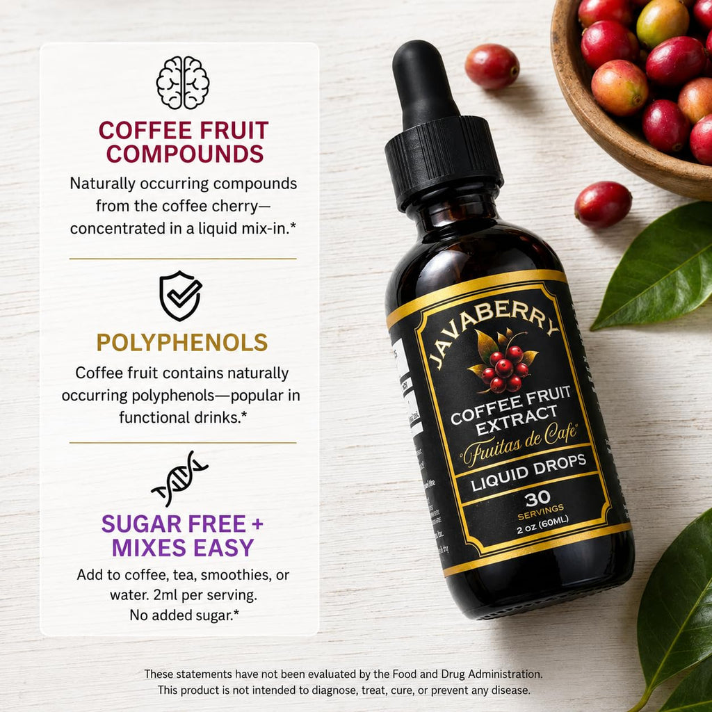 Whole Coffee Fruit Extract – Brain, Focus & Memory Support with BDNF | Low-Caffeine Coffee Cherry Superfruit Concentrate | Polyphenols & Antioxidants, Sugar-Free | 60mL Liquid