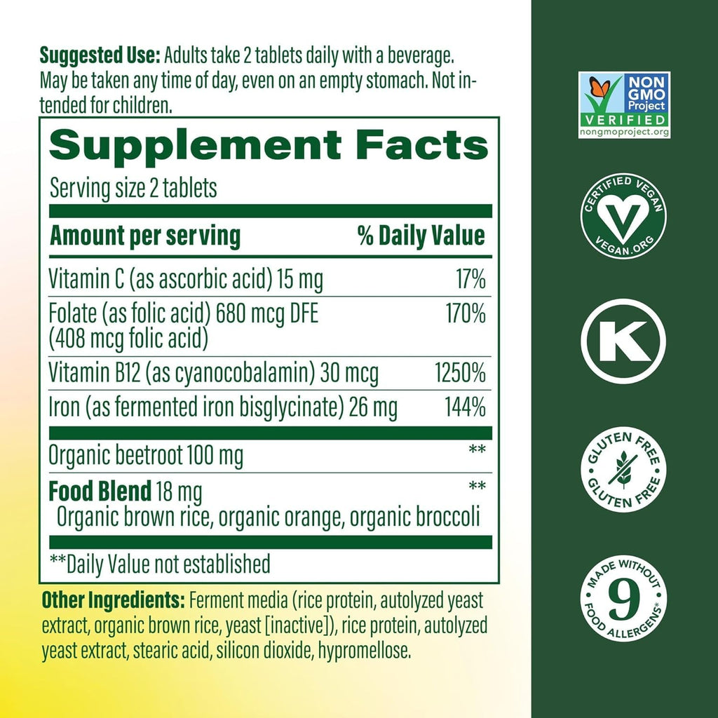 MegaFood Blood Builder Iron Supplement, Energy Support, 60 Mini Tablets | Increase Iron Levels Without Side Effects, Improves Energy Levels, B12, Folic Acid and Vitamin C for Absorption, 30 Servings