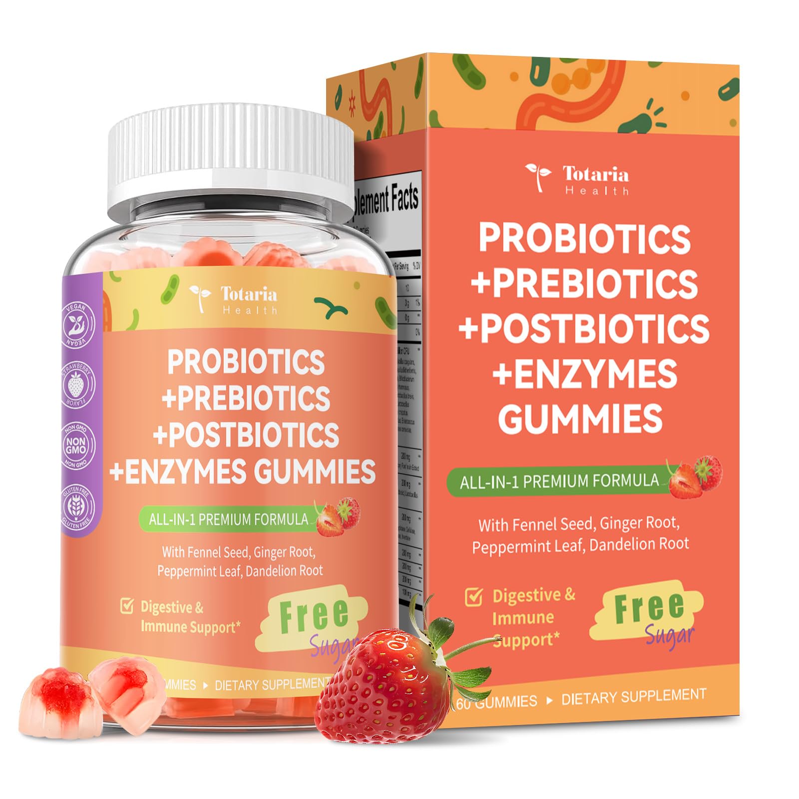 Totaria Sugar Free 5-in-1 Probiotic Prebiotic Postbiotic Gummy, 36 Strains Probiotics for Women Men with Fiber, Digestive Enzymes, Peppermint, Complete Immune, Gut & Digestive Support, Vegan, 60 Ct