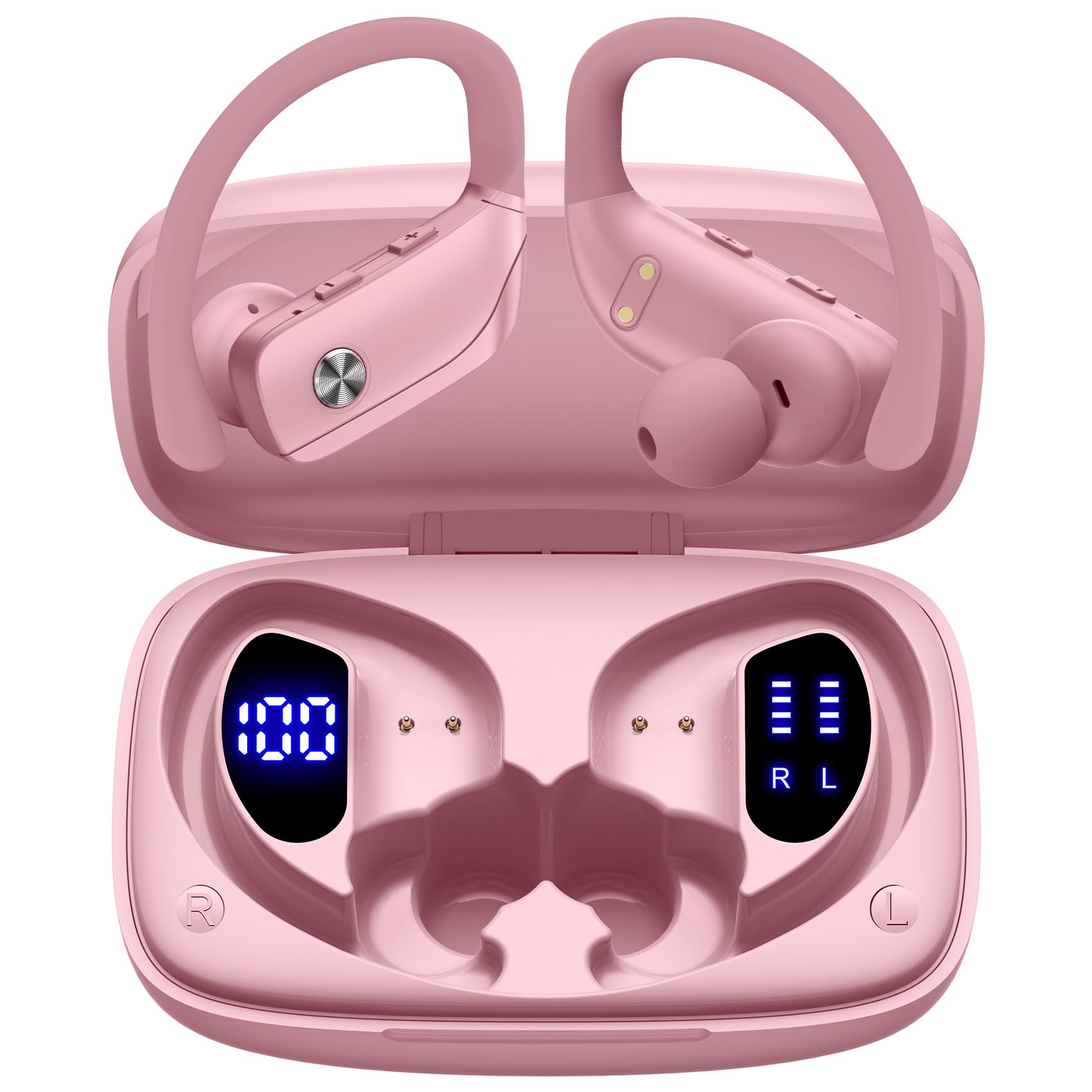 Buy now bmani Ear Buds Wireless Earbuds Bluetooth Headphones with 80H Playtime LED Display Case, Over-Ear Hook with Mic, Stereo Sound, Easy Button Controls, Sports Earphones for Running Workout Gym Black Standard Pink at indiglob india