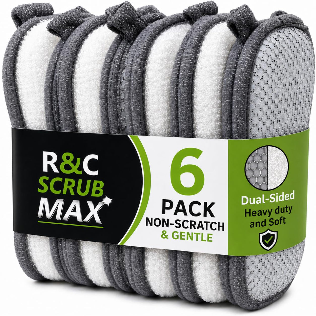 R&C Scrub Max Sponges Kitchen Dish Dual-Sided Sponge for Washing Dishes Cleaning Kitchen, All-Purpose (6 Pack,Large) Non Scratch, Rough Scrubbers Side for Non-Stick Cookware, Soft Microfiber Scrub