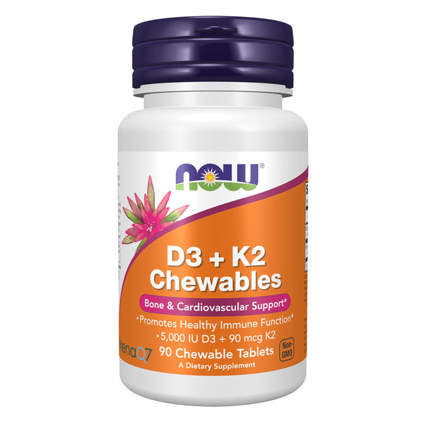 Now Supplements, Vitamin D3 & K2, 5,000 IU/90 mcg, Plus Cardiovascular Support*, Supports Bone Health*, 90 Chewable Tablets