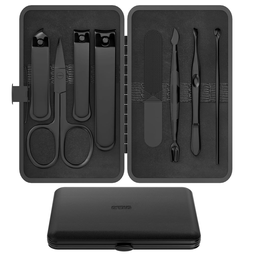 Precision 8 Pieces Men’s Nail Grooming Travel Kit, Stainless Steel Manicure Set with Fingernail & Toenail Clippers, Nail File, Slant Tip Tweezers, Cuticle Scissors, Cuticle Pusher, Travel Case