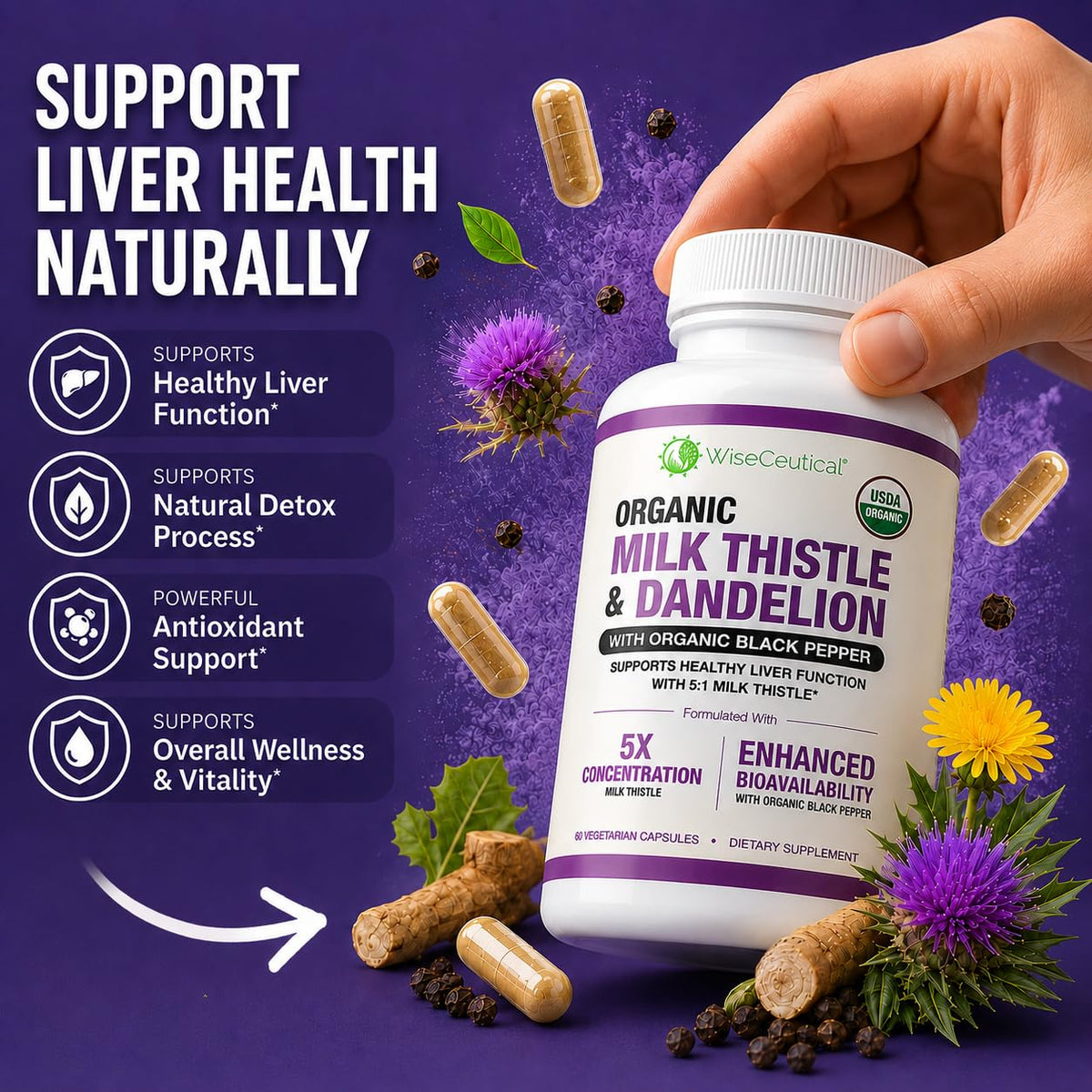 Max Absorption USDA Organic Milk Thistle Potent 5:1 Concentrated Extract (2000mg Strength) & Organic Dandelion Root | Silymarin Antioxidant Flavonoid | Liver Support Supplement (60 Count (Pack of 1))