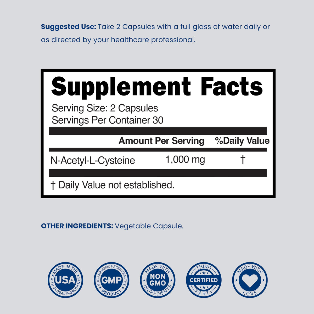 NAC Supplement (60 Capsules, 1000mg Per Serving) Premium NAC Supplement N-Acetyl Cysteine Capsules for Men and Women for Immune Support - Vegan Safe, Third Party Tested - Non GMO & USA Made